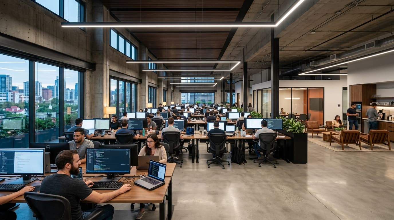 Modern technology office workspace with development teams