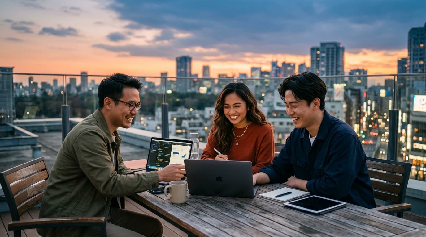 Startup team collaborating around a laptop on a rooftop workspace