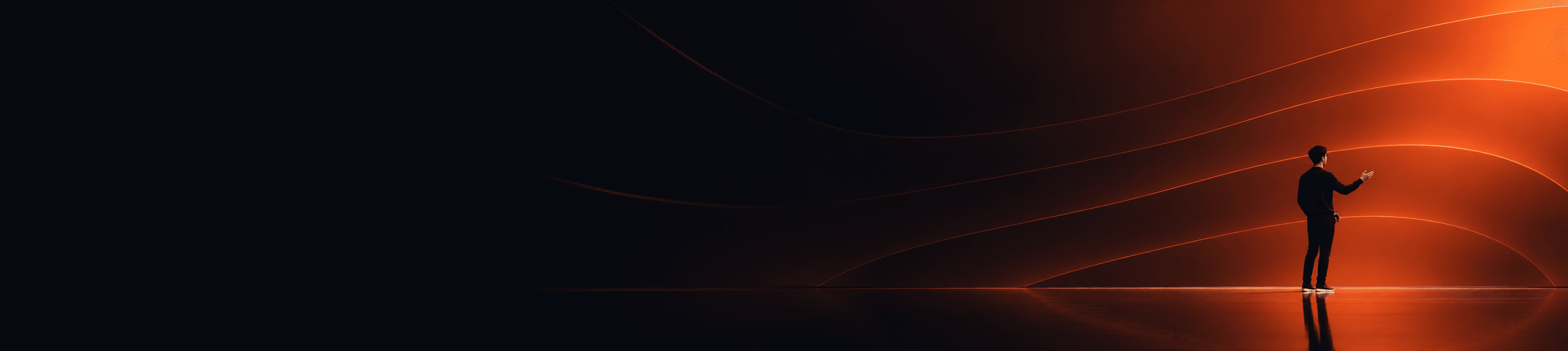 Abstract orange light rays moving through a dark space